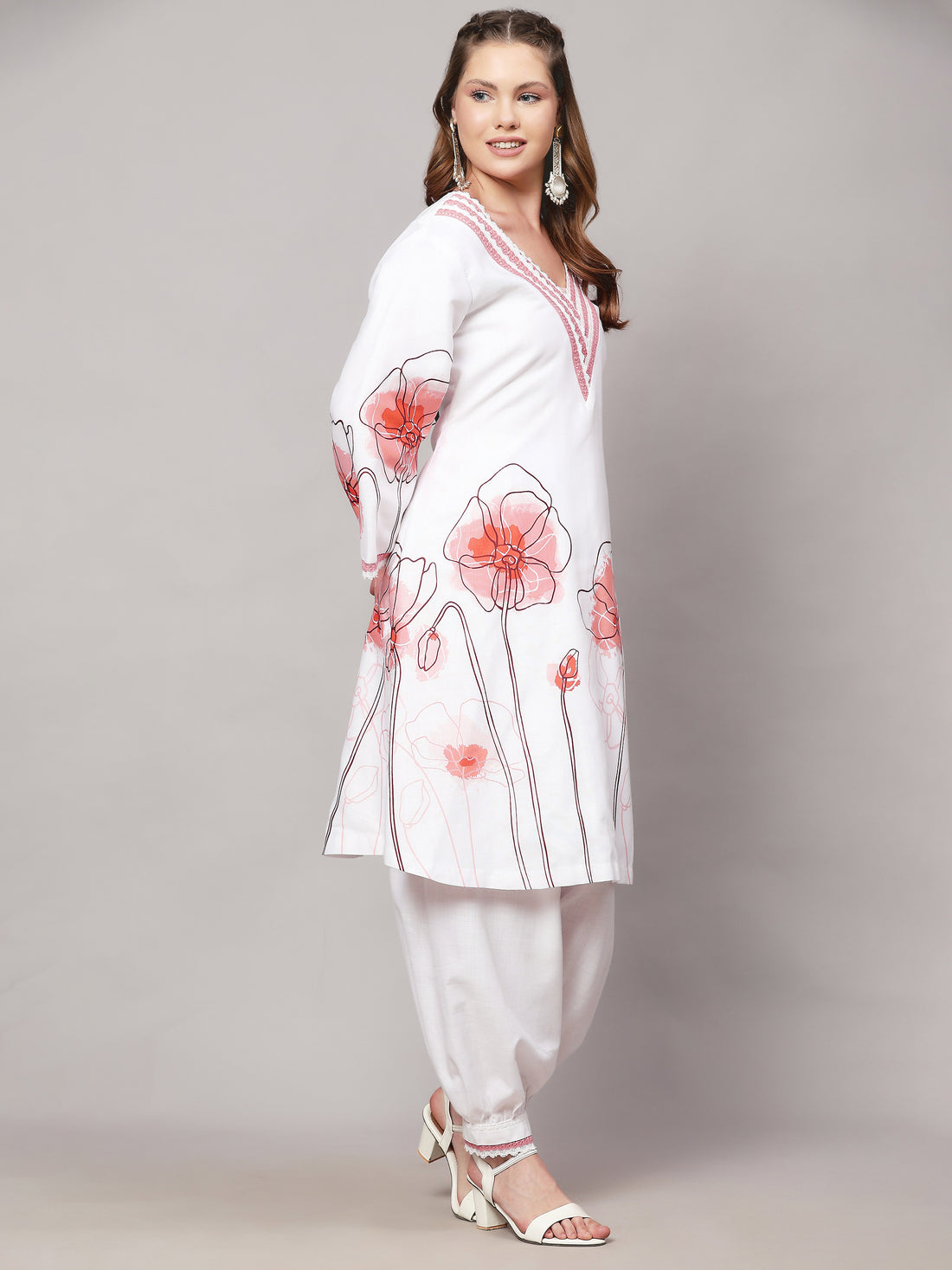 Cotton Linen Kurta Set Mesmerize White Floral Print