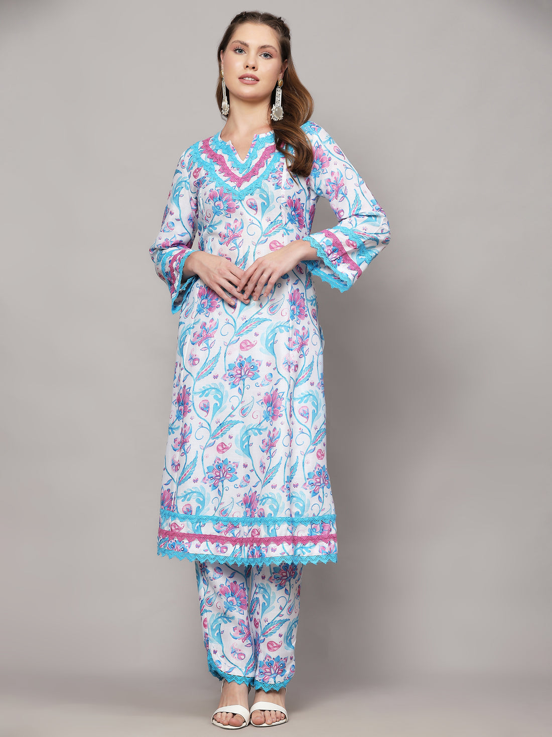 Cotton Linen Kurta Set Ibis White Floral Print