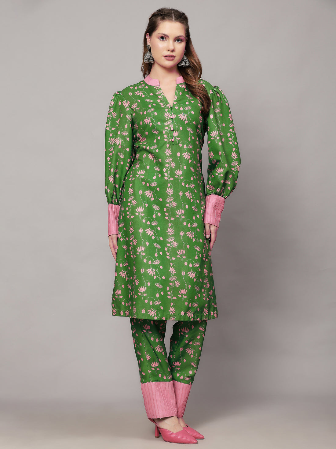 Cotton Linen Kurta Set Heena Green Floral Print