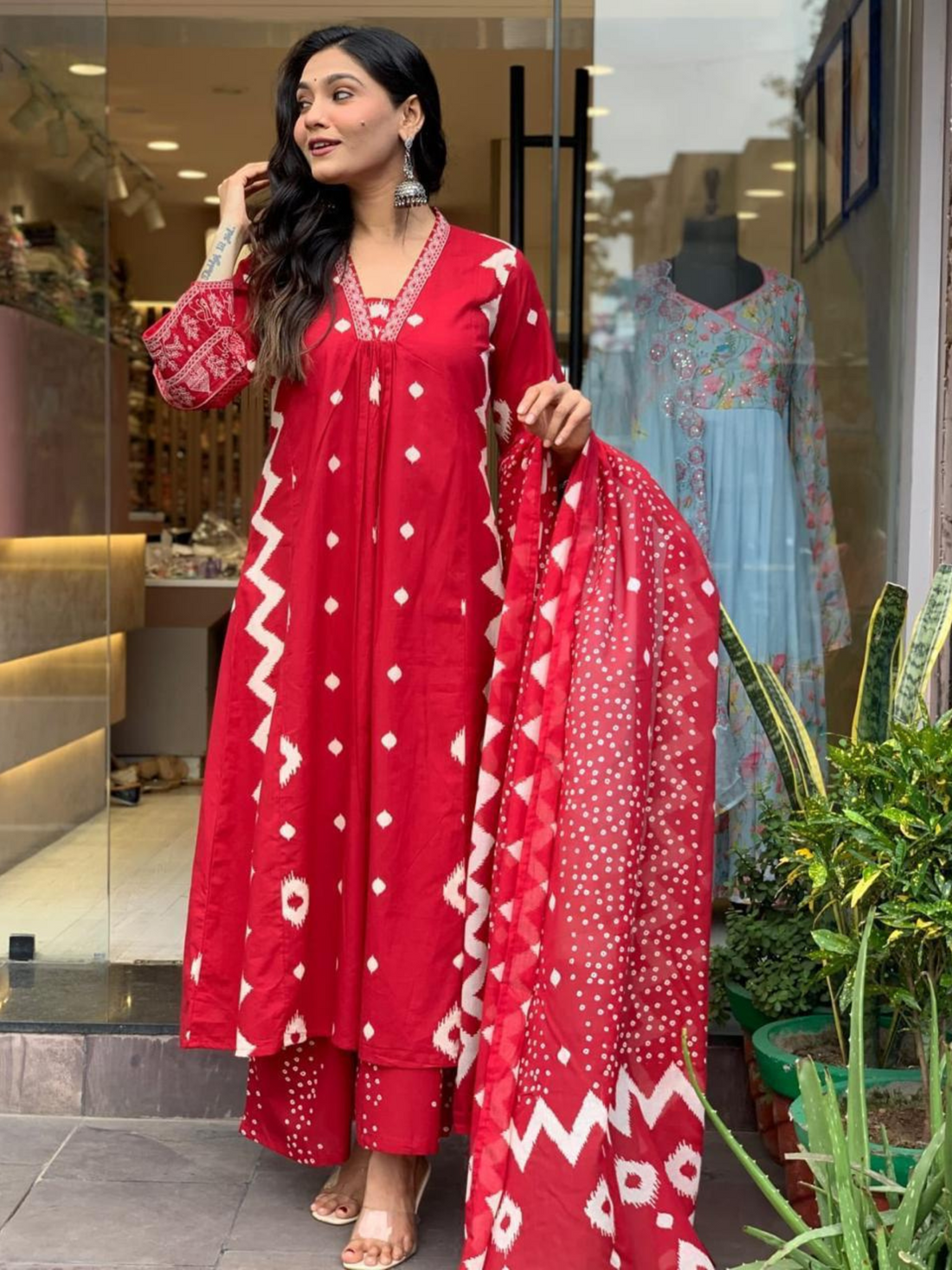 Cotton Red Printed A-line Kurti Set with Palazzo
