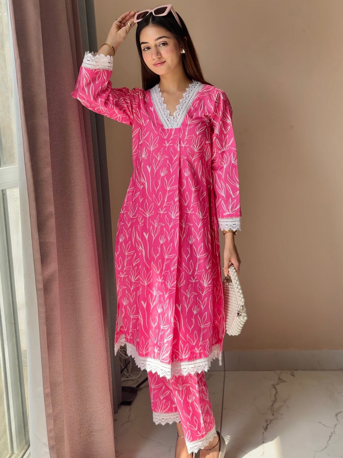 Cotton Linen Kurta Set Pink Print