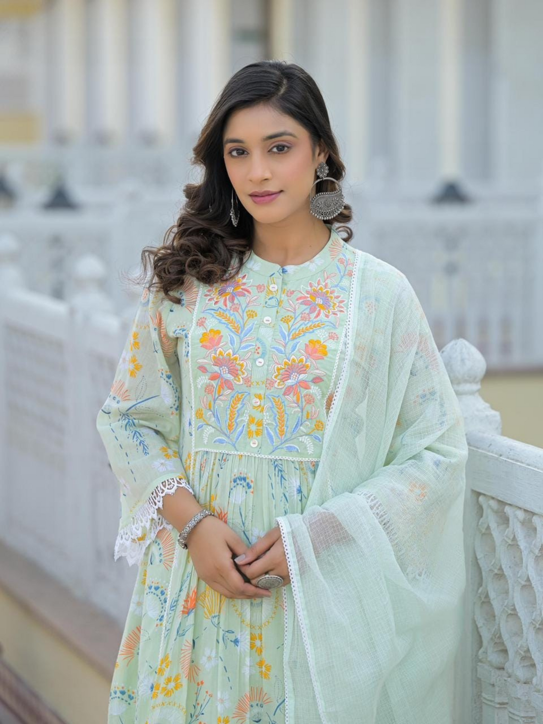 Premium Pure Cotton Digital Printed Embroidery Suits-Light Green
