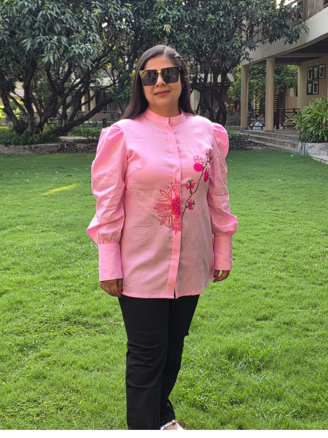 Butterfly Go Round Pink Hand Embroidered Premium Cotton Shirt