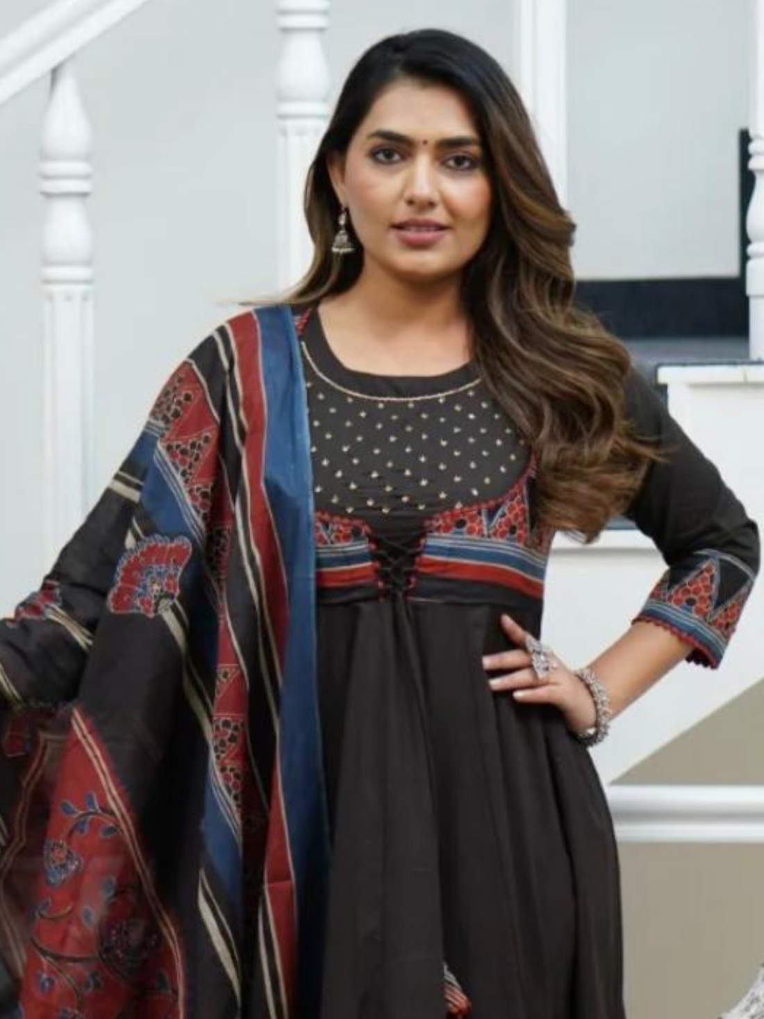 Cotton A-line Kurta sets With Black Printed