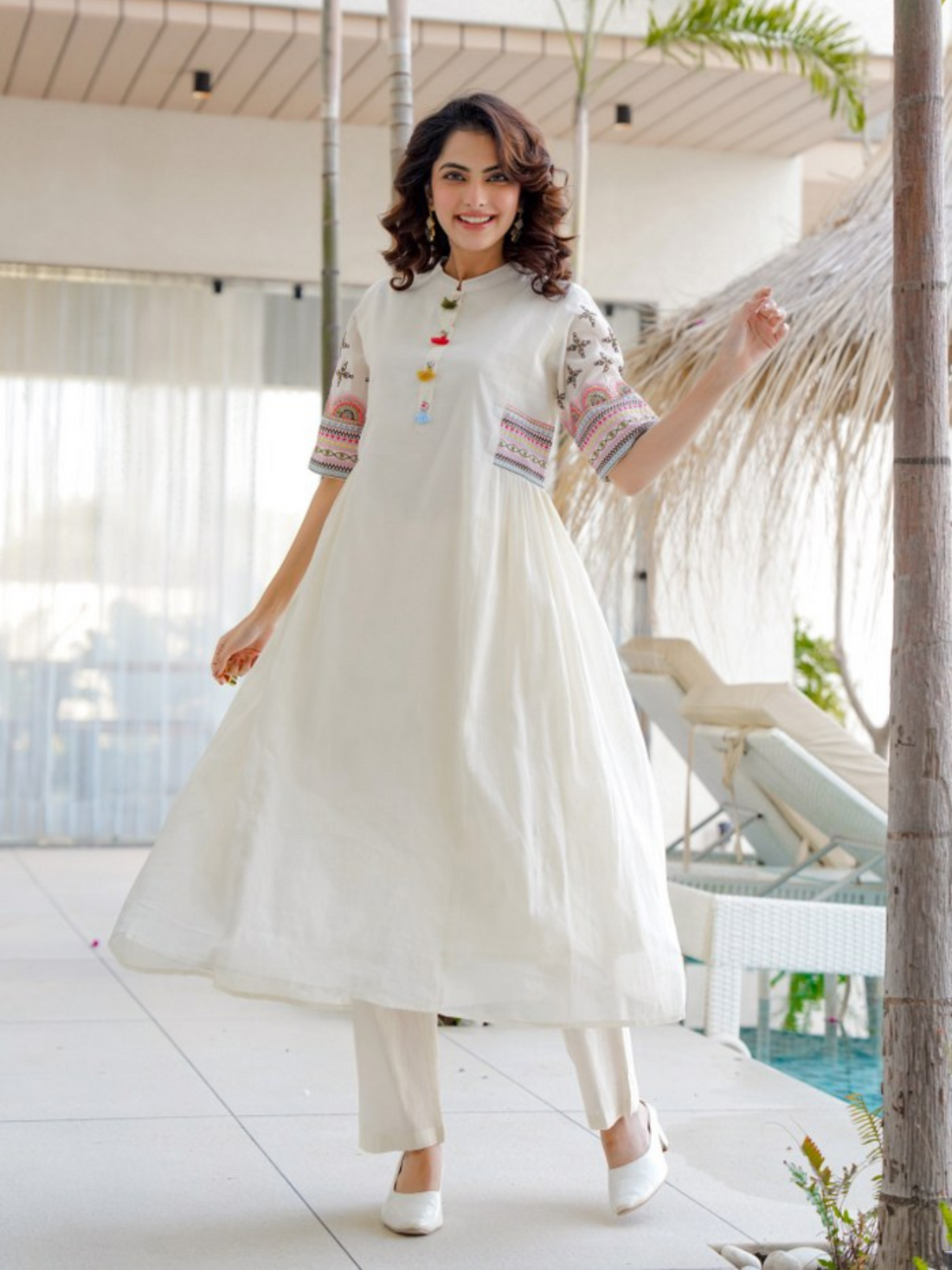 Cotton A-line Embroidery White Kurta Set