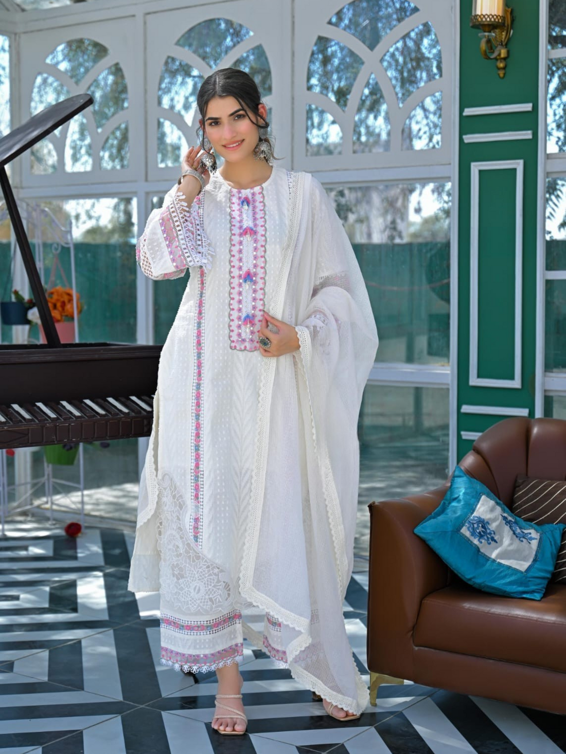 Premium Cotton Dobby Pakistani Style With Embroidery Suits in White