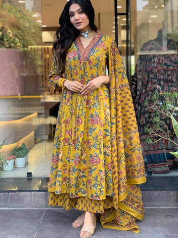 Cotton Mustard Floral Printed 3PC Suit Set
