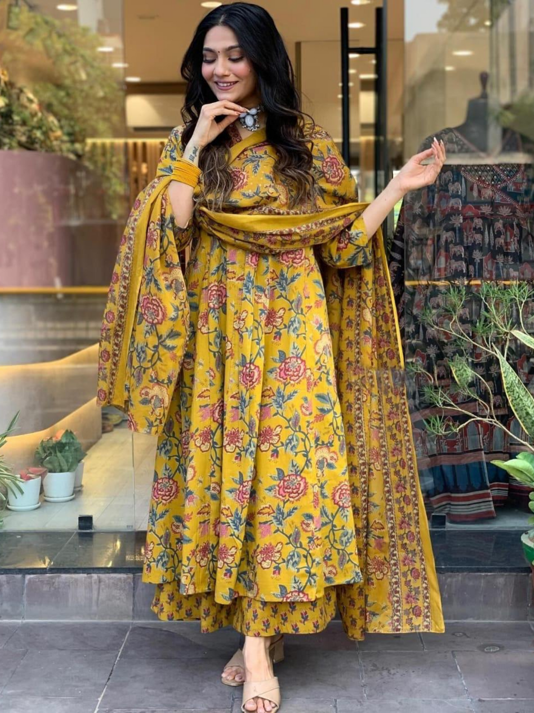 Cotton Mustard Floral Printed 3PC Suit Set