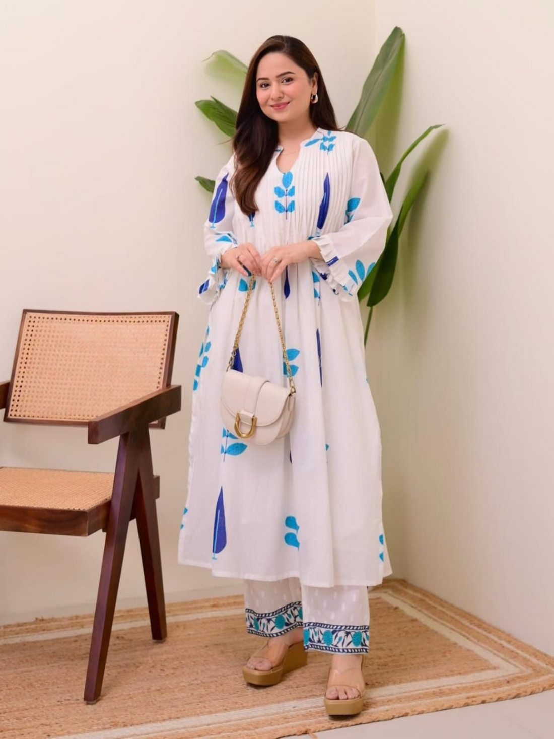 Cotton White Printed Kurta Sets