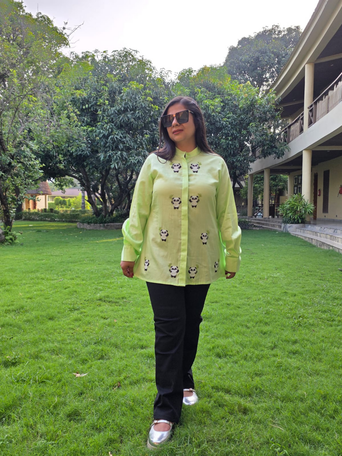 Panda Tales Pastel Green Hand Embroidered Premium Cotton Shirt