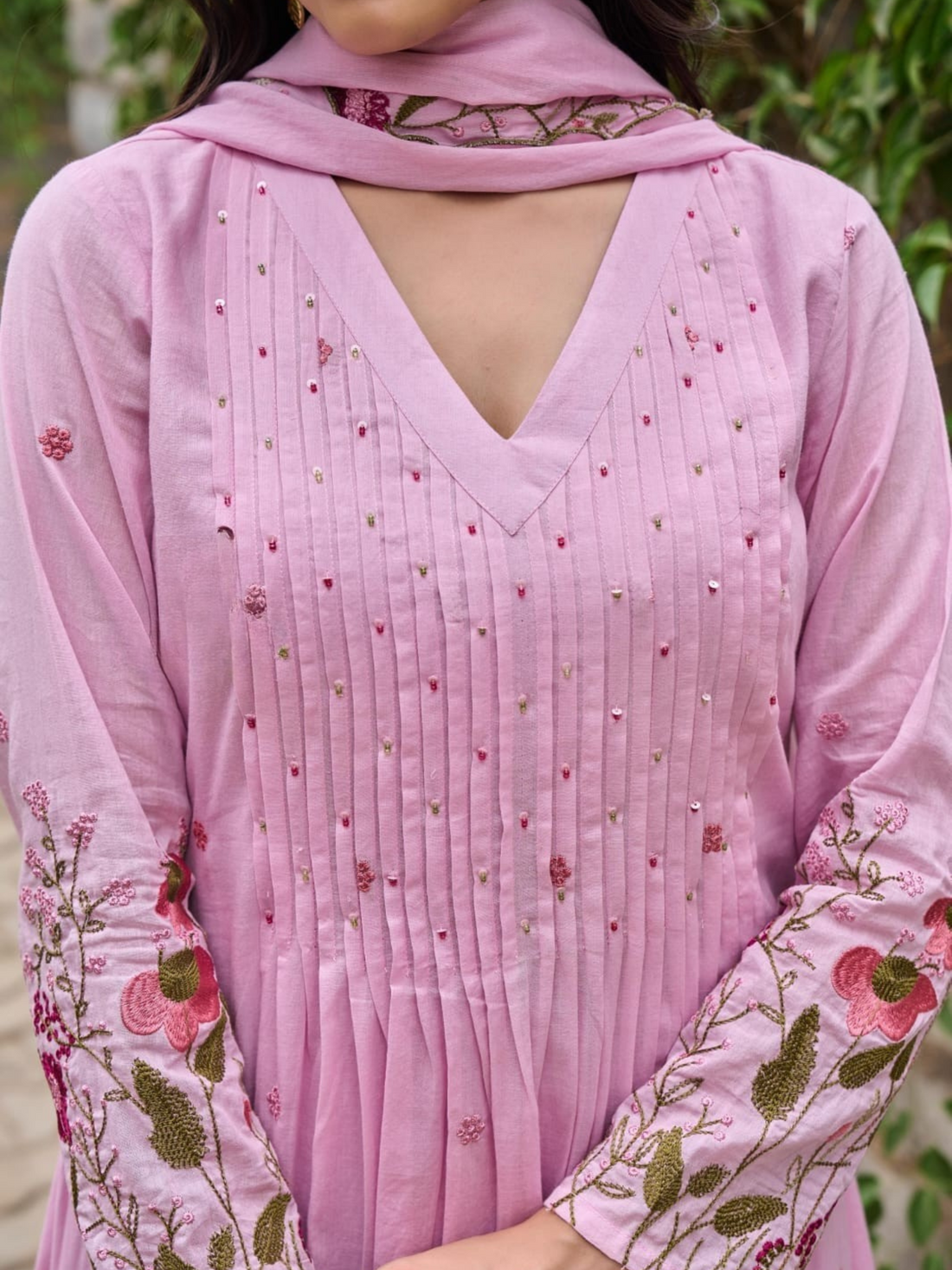 Premium Pink Mul Cotton A-Line Suits With Embroiderd