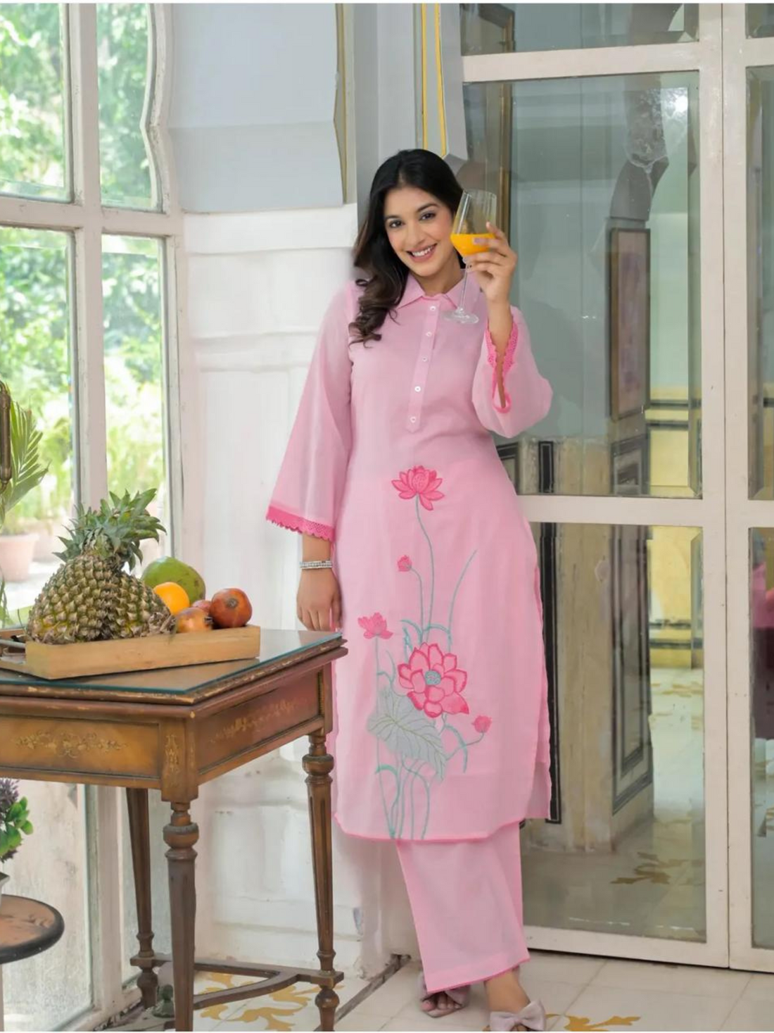 Mulmul Cotton Embroidered Co-ord Set -Pink
