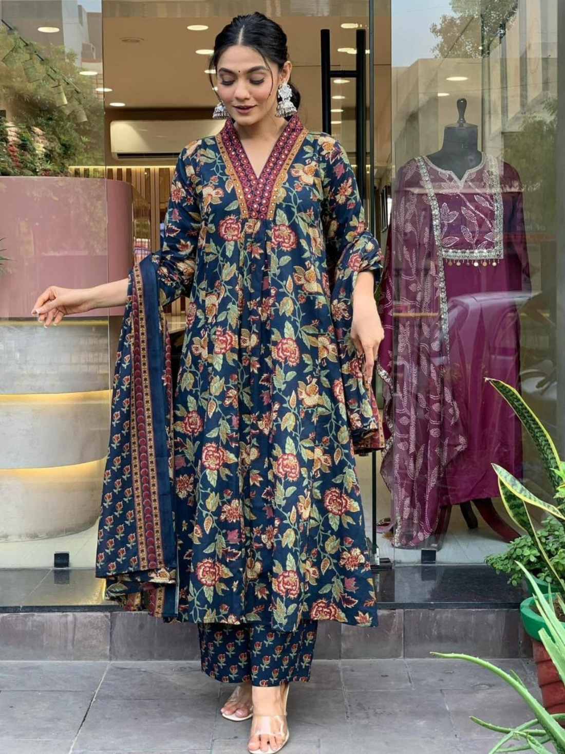 Cotton Blue Floral Printed 3PC Suit Set