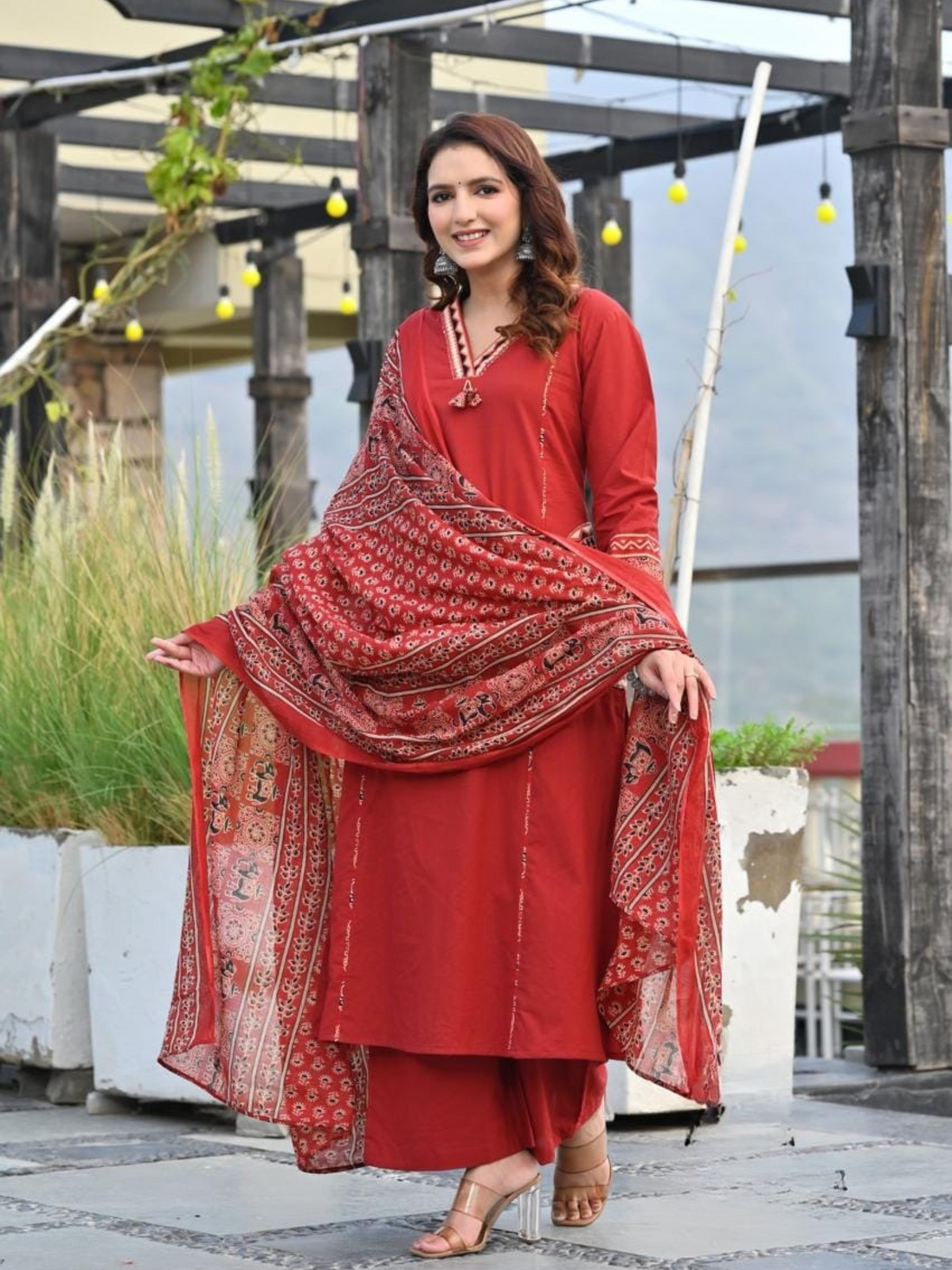 Red Pure Cotton Embroided Suits with Designer Pocket