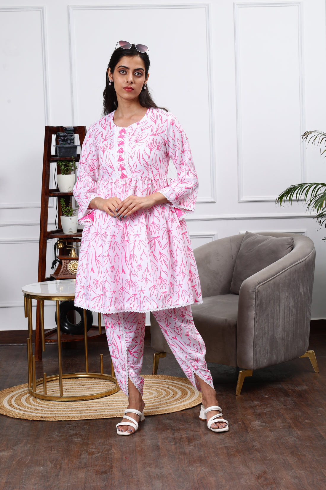 Sobhita White & Pink Floral Print Linen Kurta Set