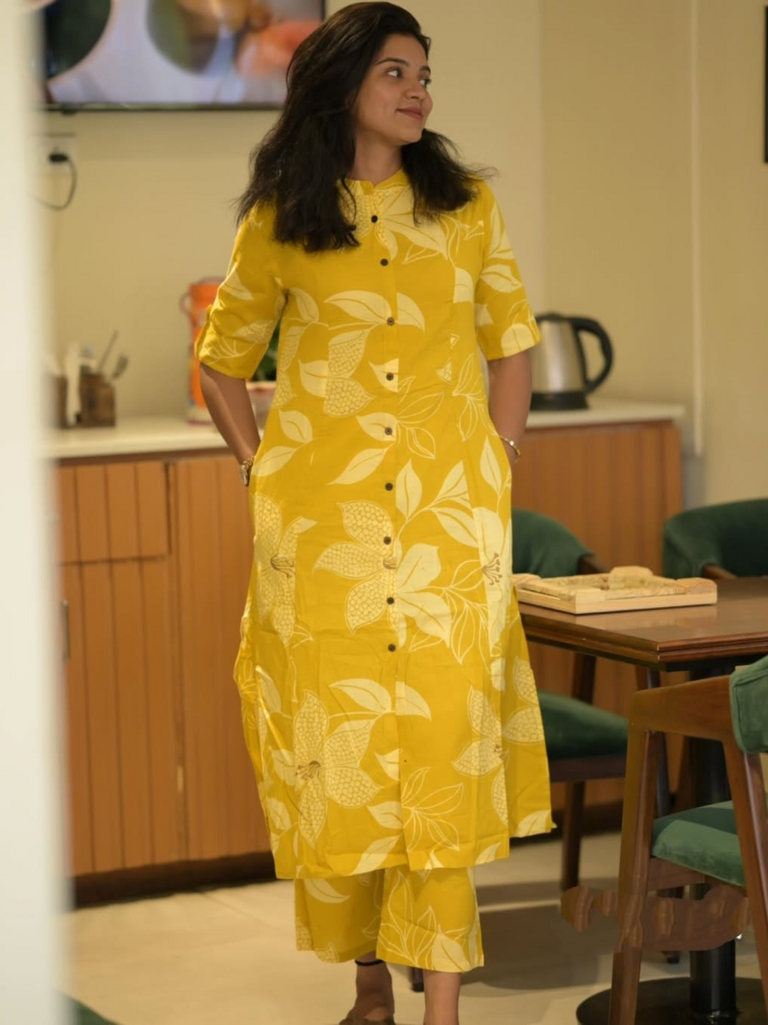 Floral Fine Cotton Printed Kurta Set-Yellow