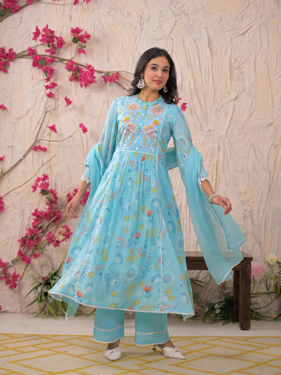 Premium Pure Cotton Digital Printed Embroidery Suits-Light Blue