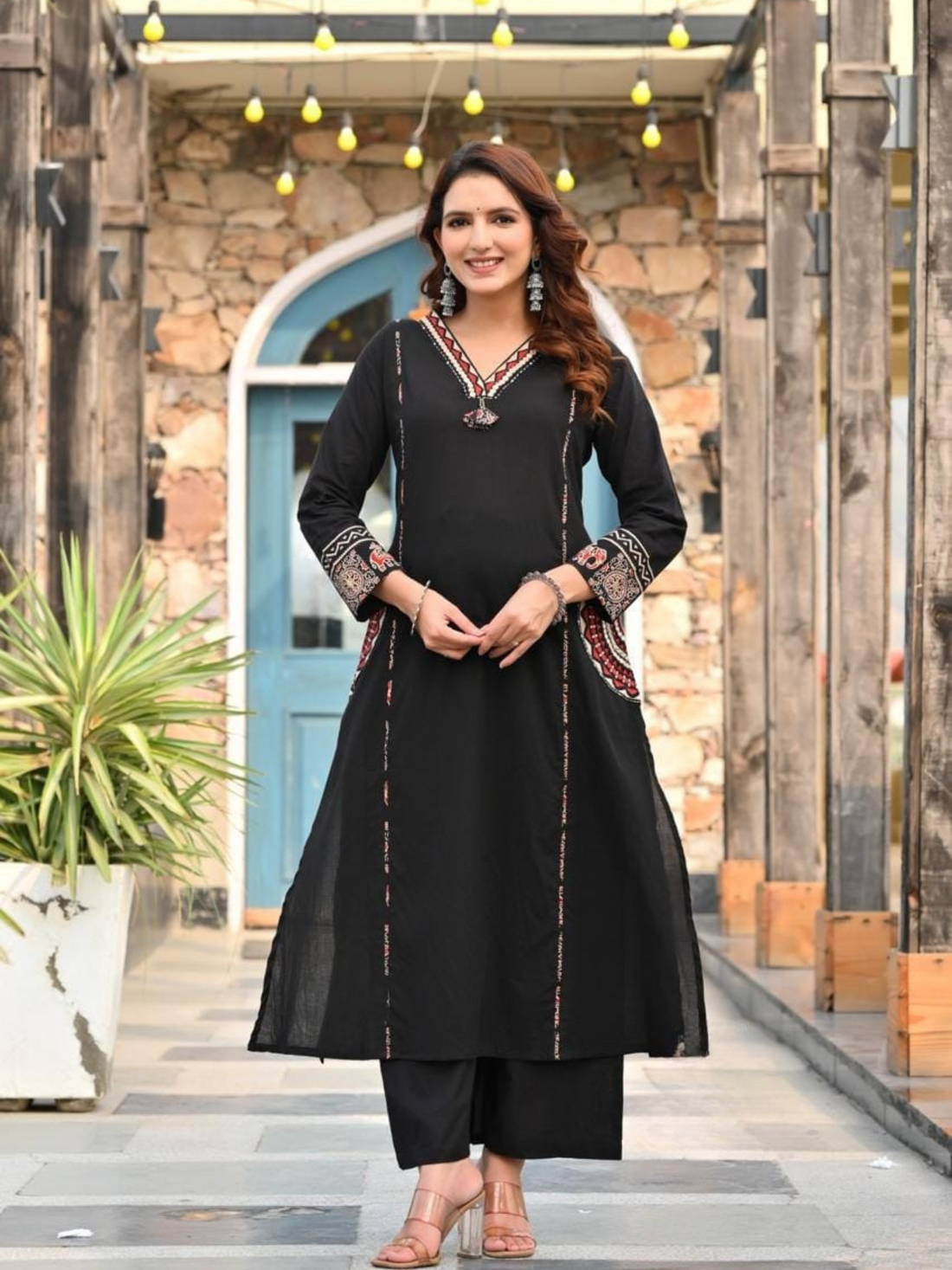 Black Pure Cotton Embroided Suits with Designer Pocket