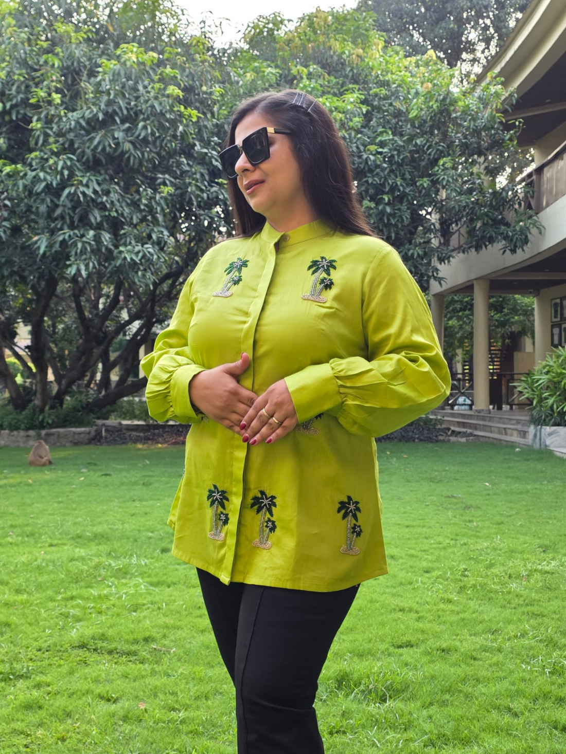 Coconut Tells a Tale Grassy Green Hand Embroidered Premium Cotton Shirt