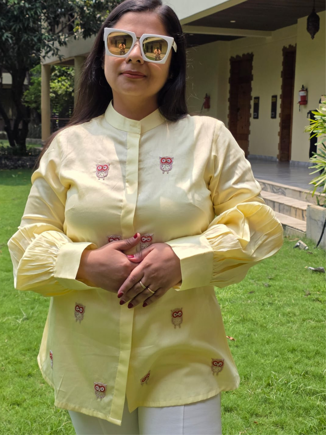 Owl Tales Butter Yellow Hand Embroidered Premium Cotton Shirt