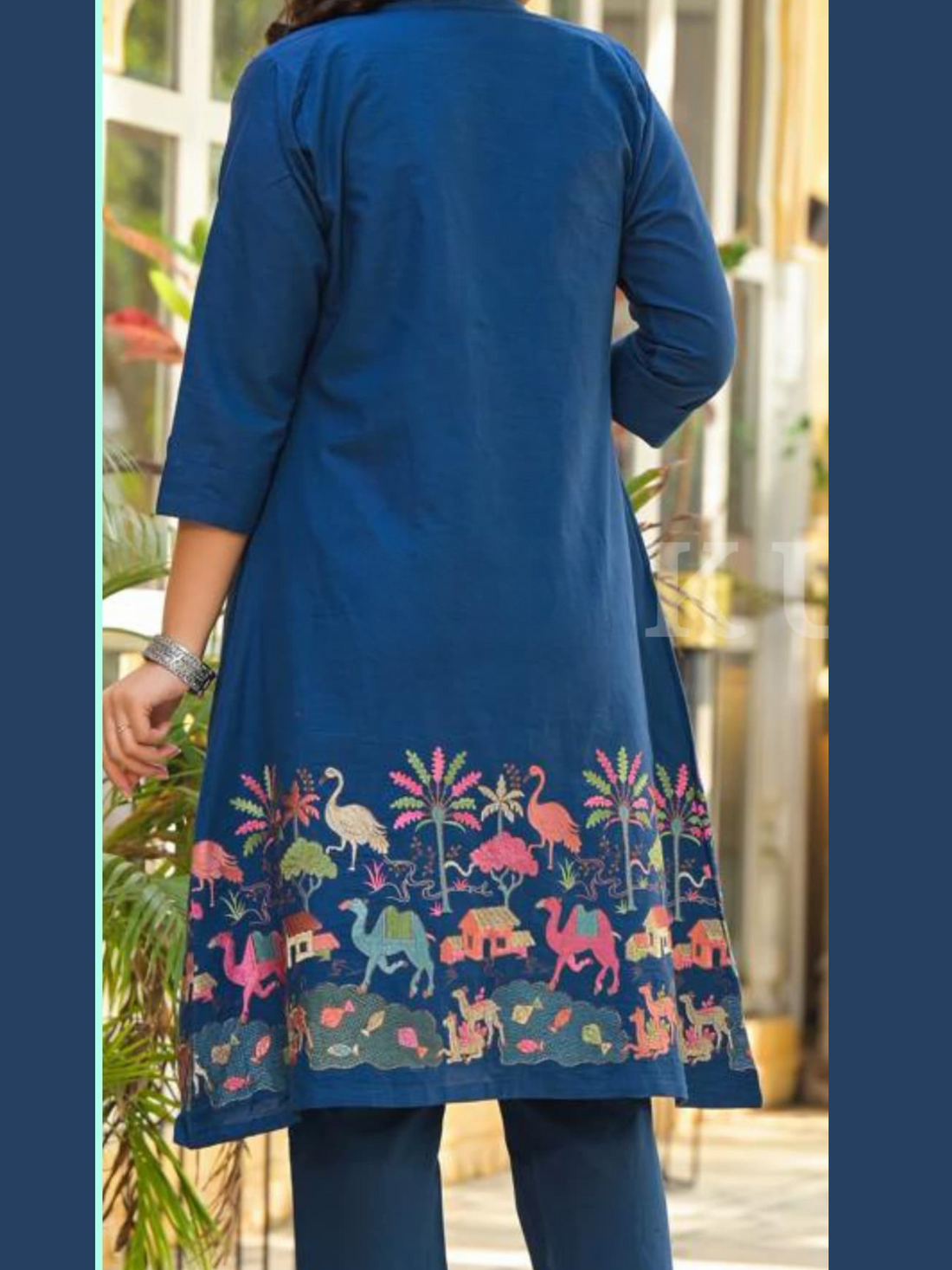 Three Pc Cotton Shurg Set with Thread & Embroidery Work-Blue