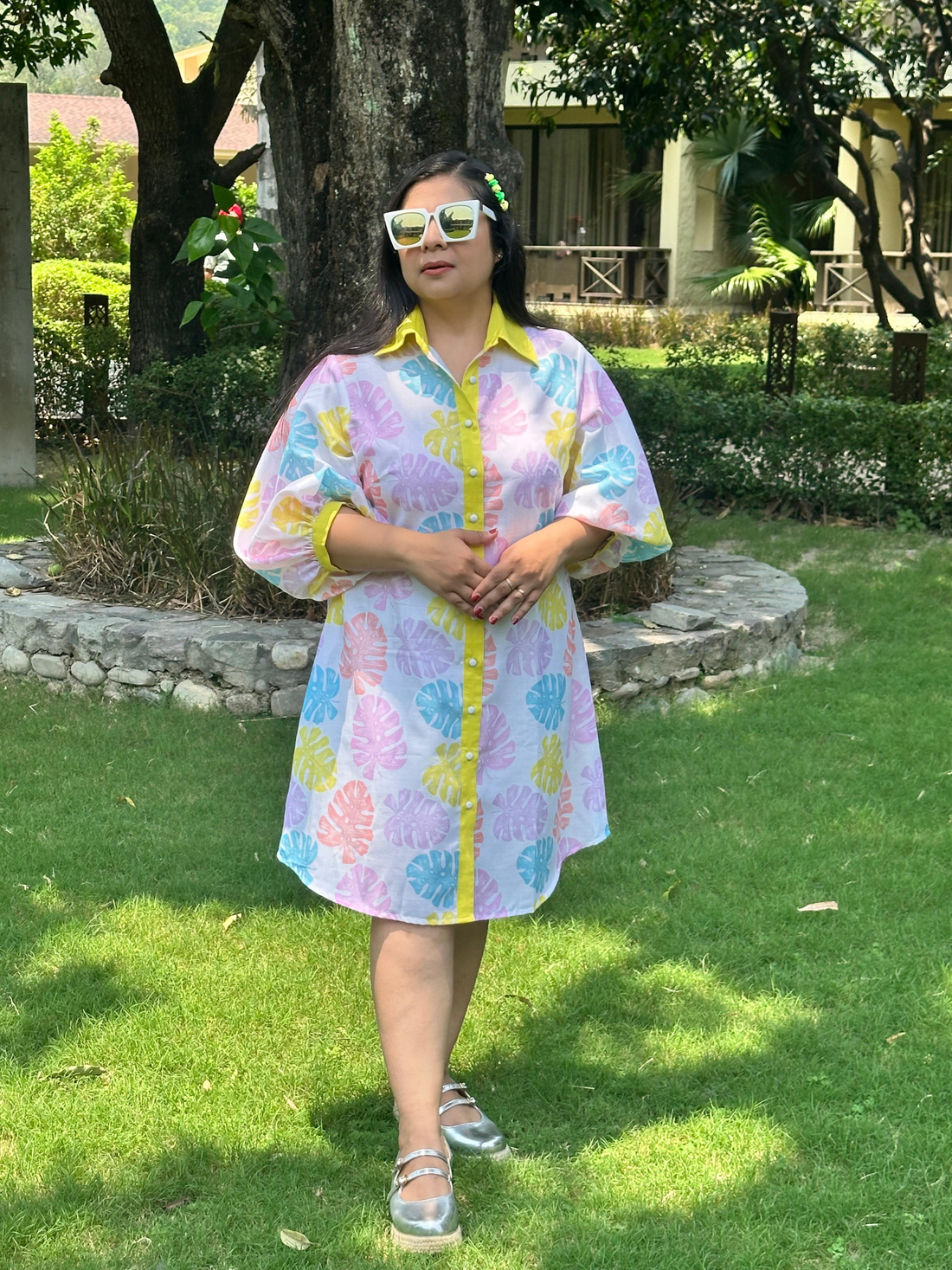 Palm Delight White Cotton Linen Shirt Dress