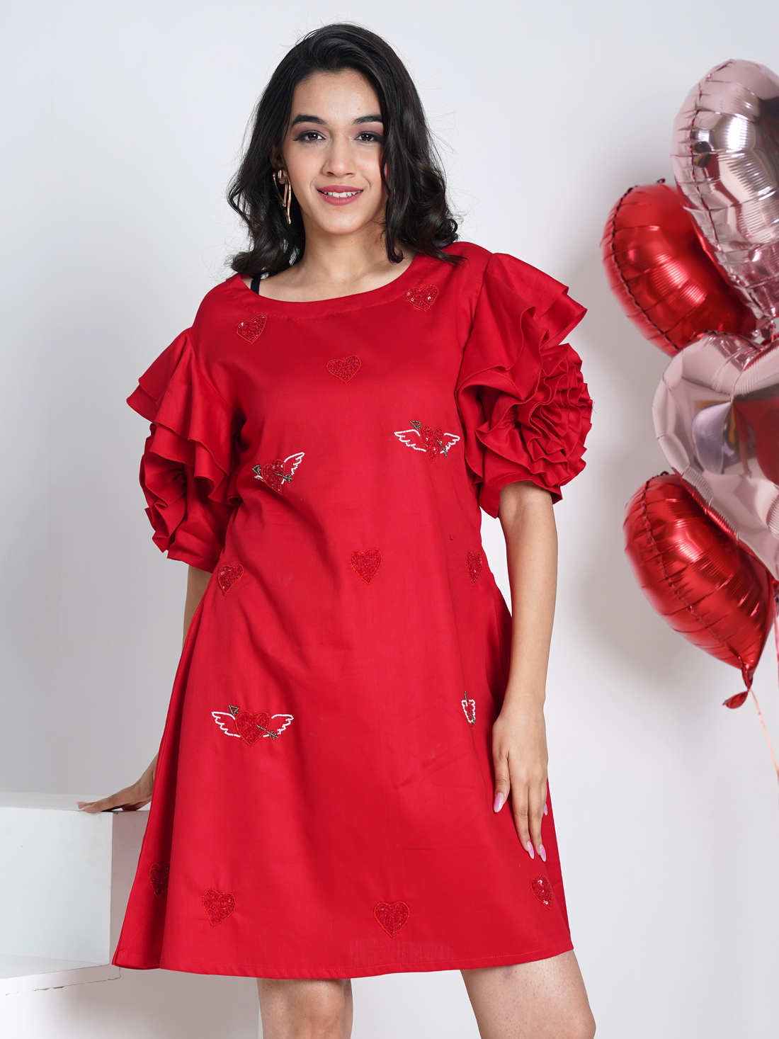 Heartilicious Red Embroidered Pure Cotton A- shape dress