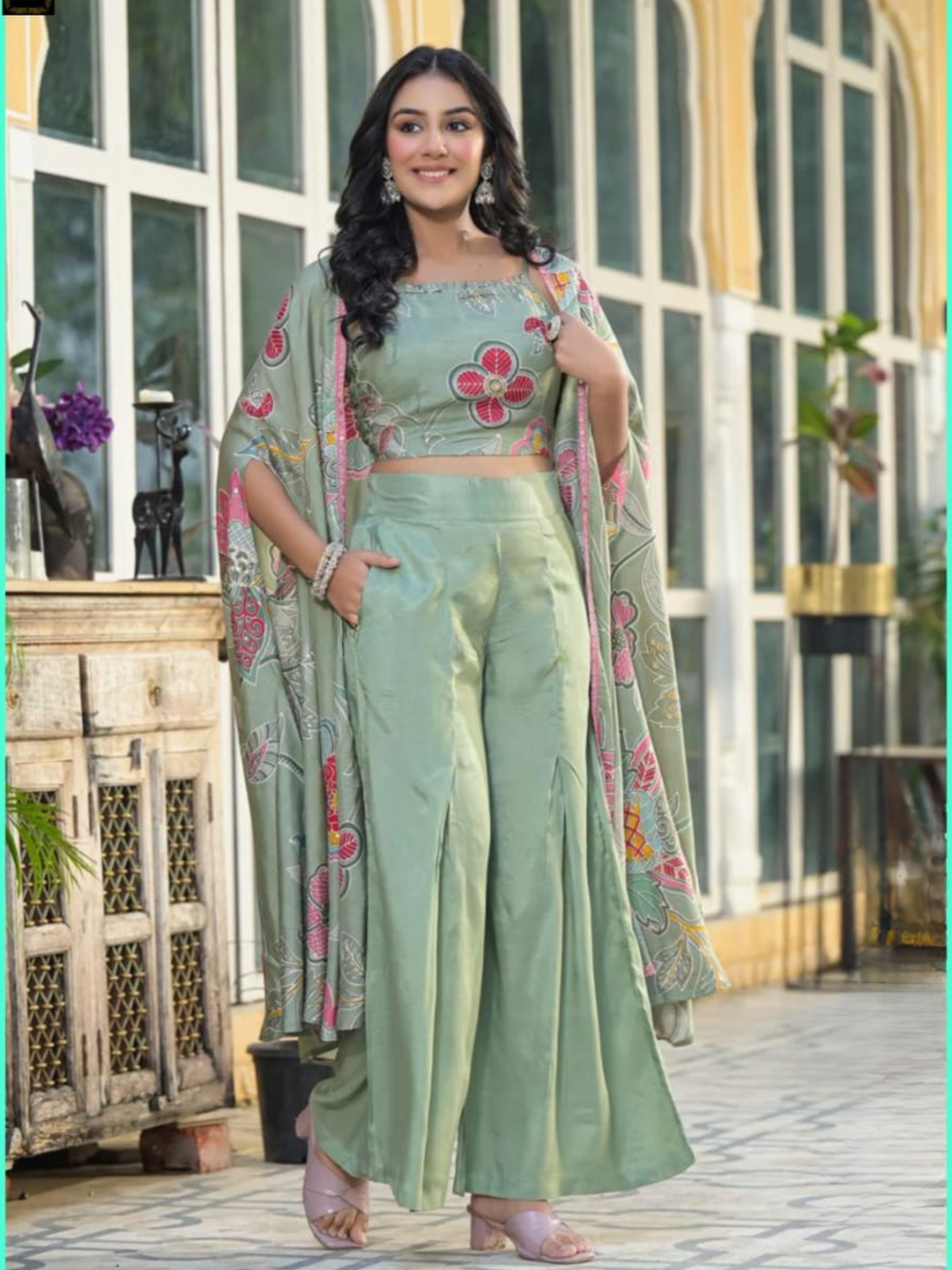 Muslin Digital Print 3Pc Shurg Set-Green