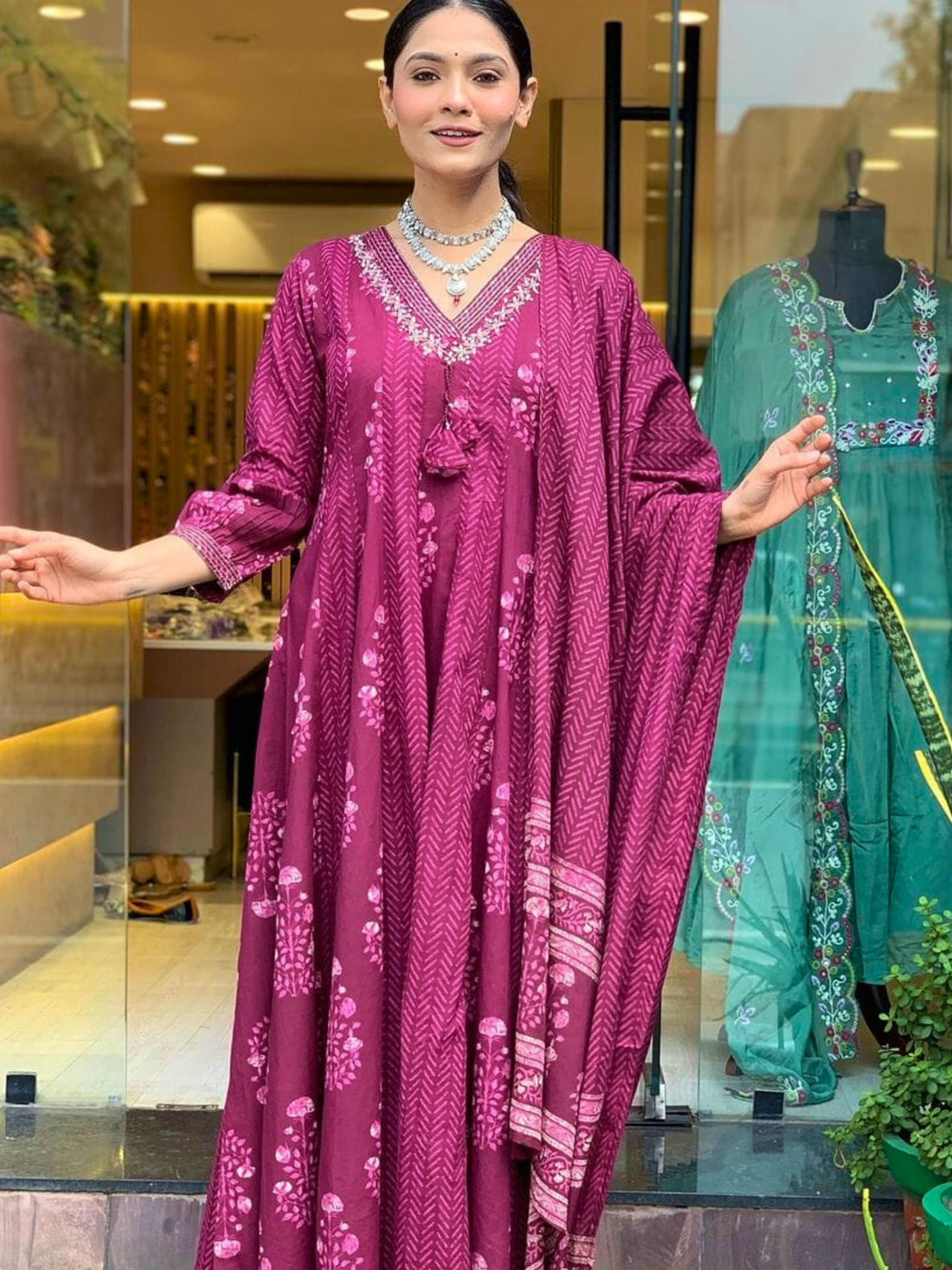 Cotton Hand Block Print 3PC Suit Set-Wine