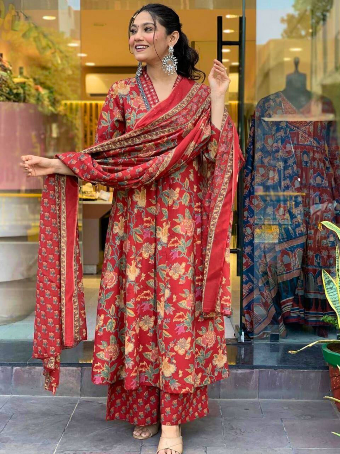 Cotton Red Floral Printed 3PC Suit Set