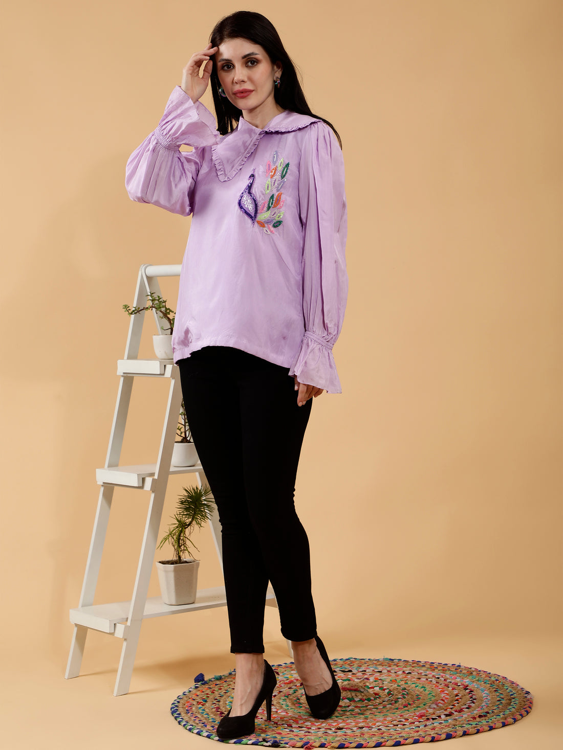 Silk Satin Lavender Hand Embroidered Shirt