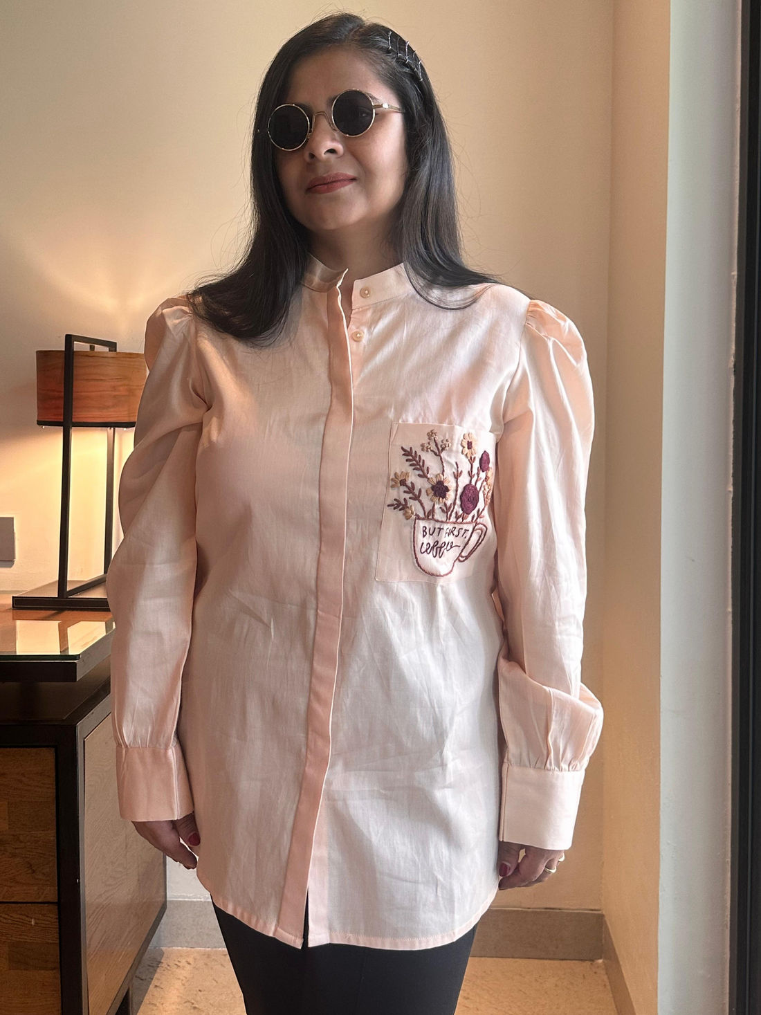 Lover Over Coffee Beige Hand Embroidered Premium Cotton Shirt