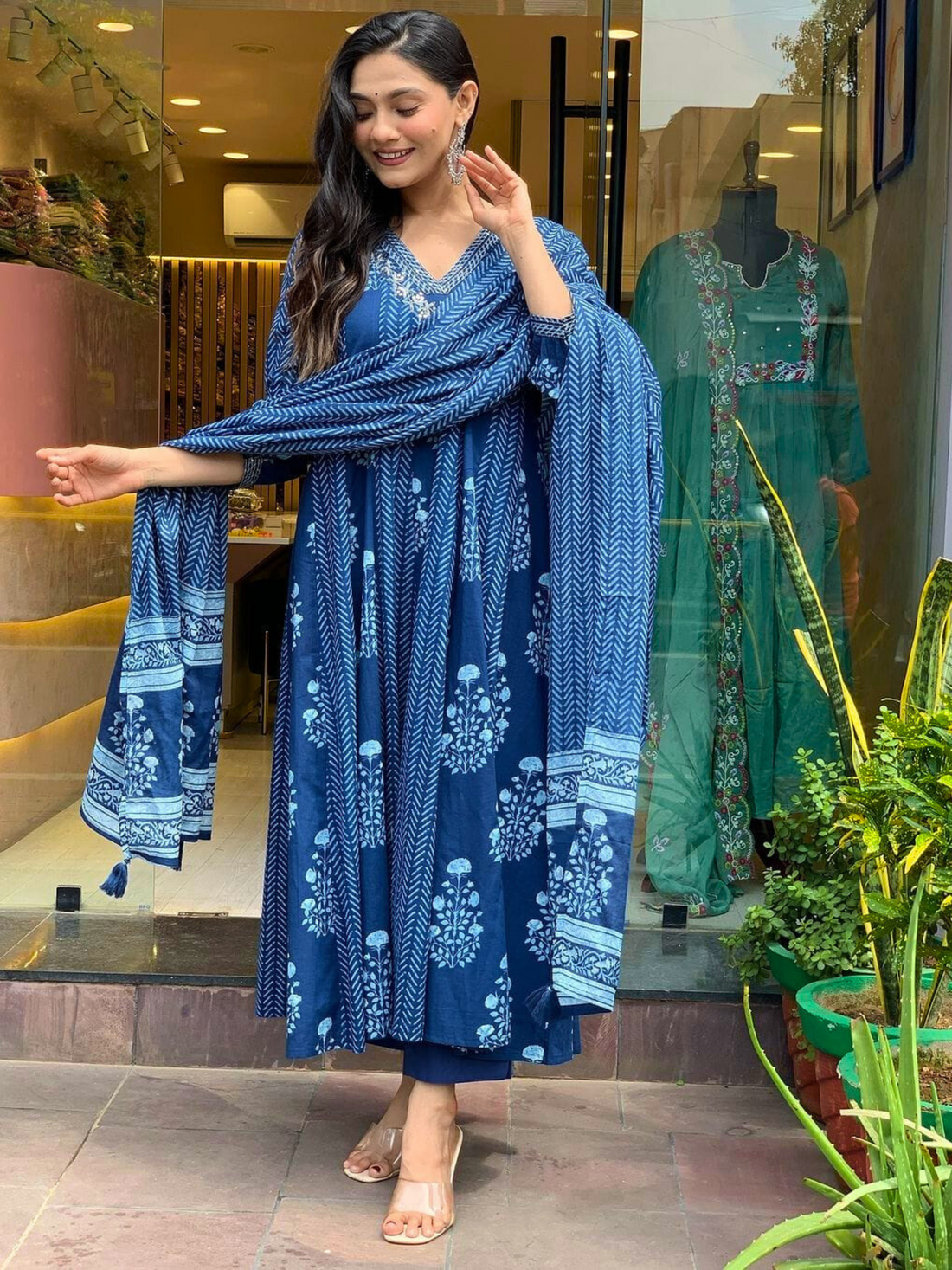 Cotton Hand Block Print 3PC Suit Set-Blue