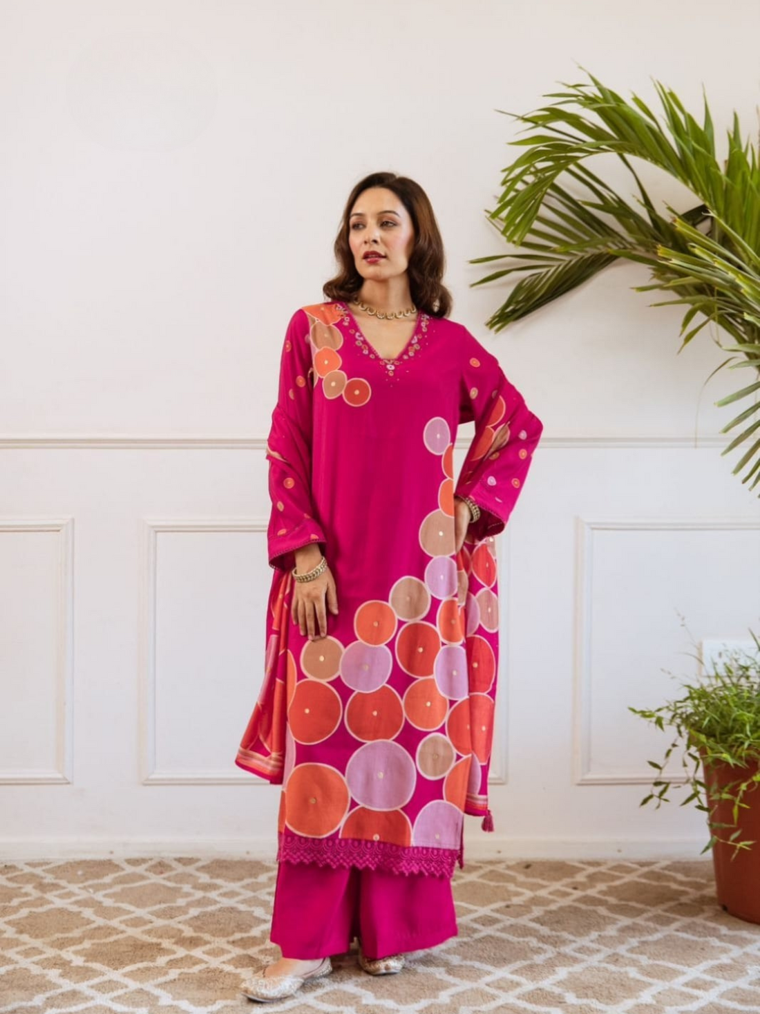 Premium Modal Silk Digital Printed with Embroidered Suit Set-Pink
