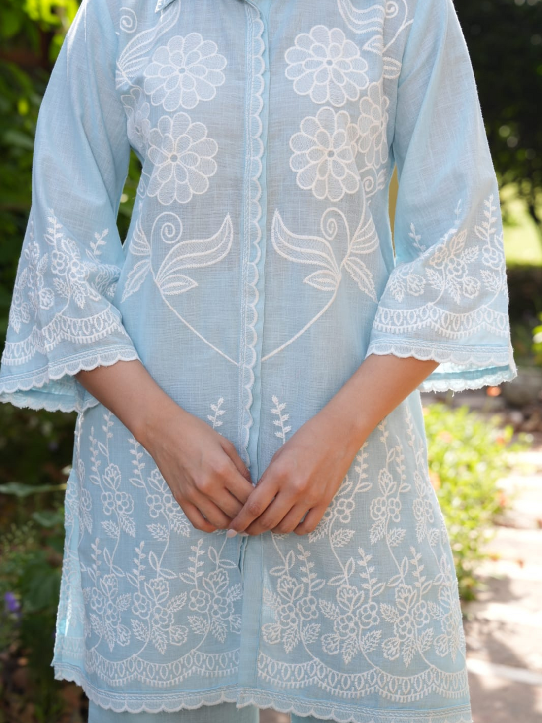 Premium Cotton Schiffili Work Co-Ord Set-Blue
