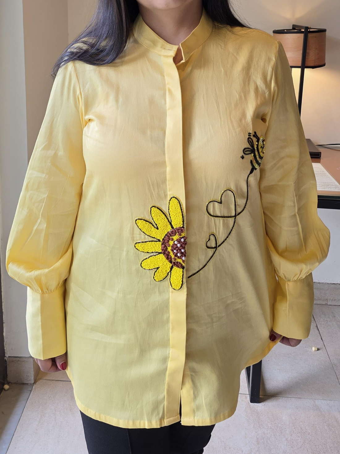 Honey Bee Tales Yellow Hand Embroidered Premium Cotton Shirt