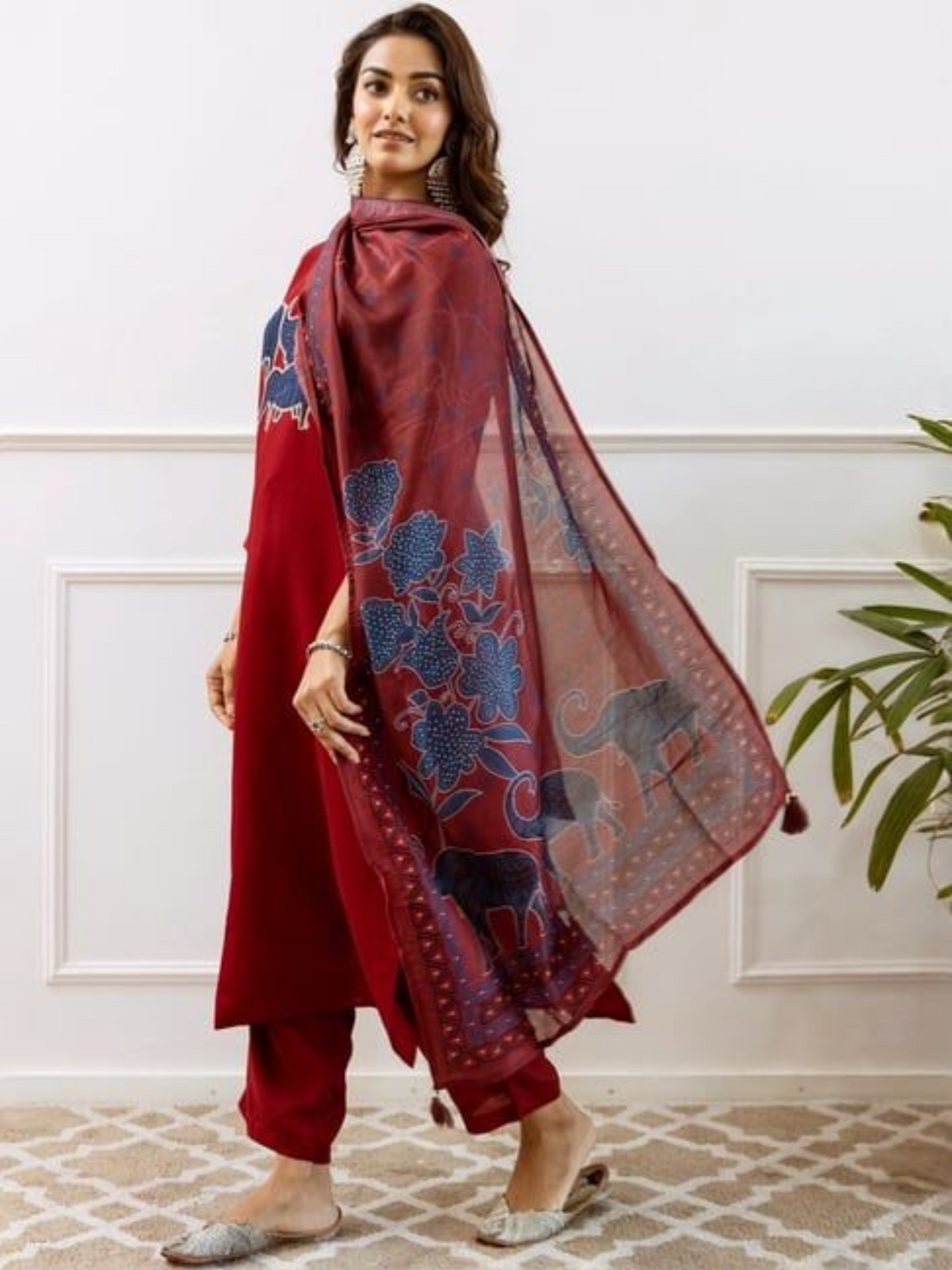 Cotton Heavy suit Set With Handwork Weaving & Print-Maroon