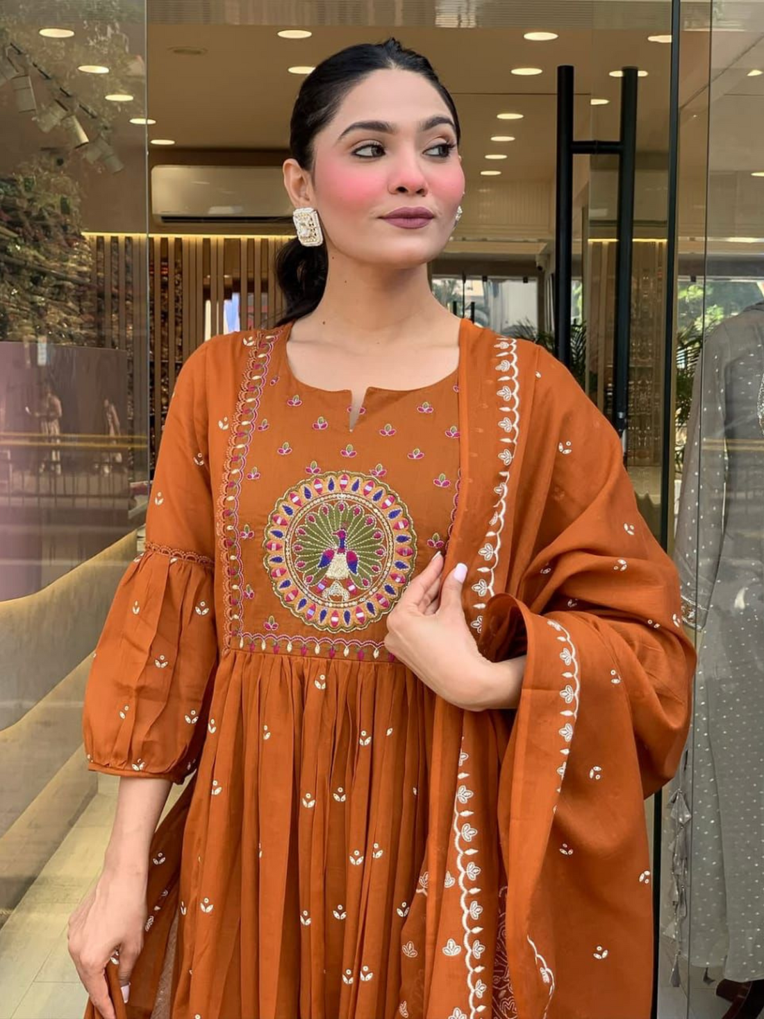 Cotton Anarkali Embroidered Kurta Set- Brown