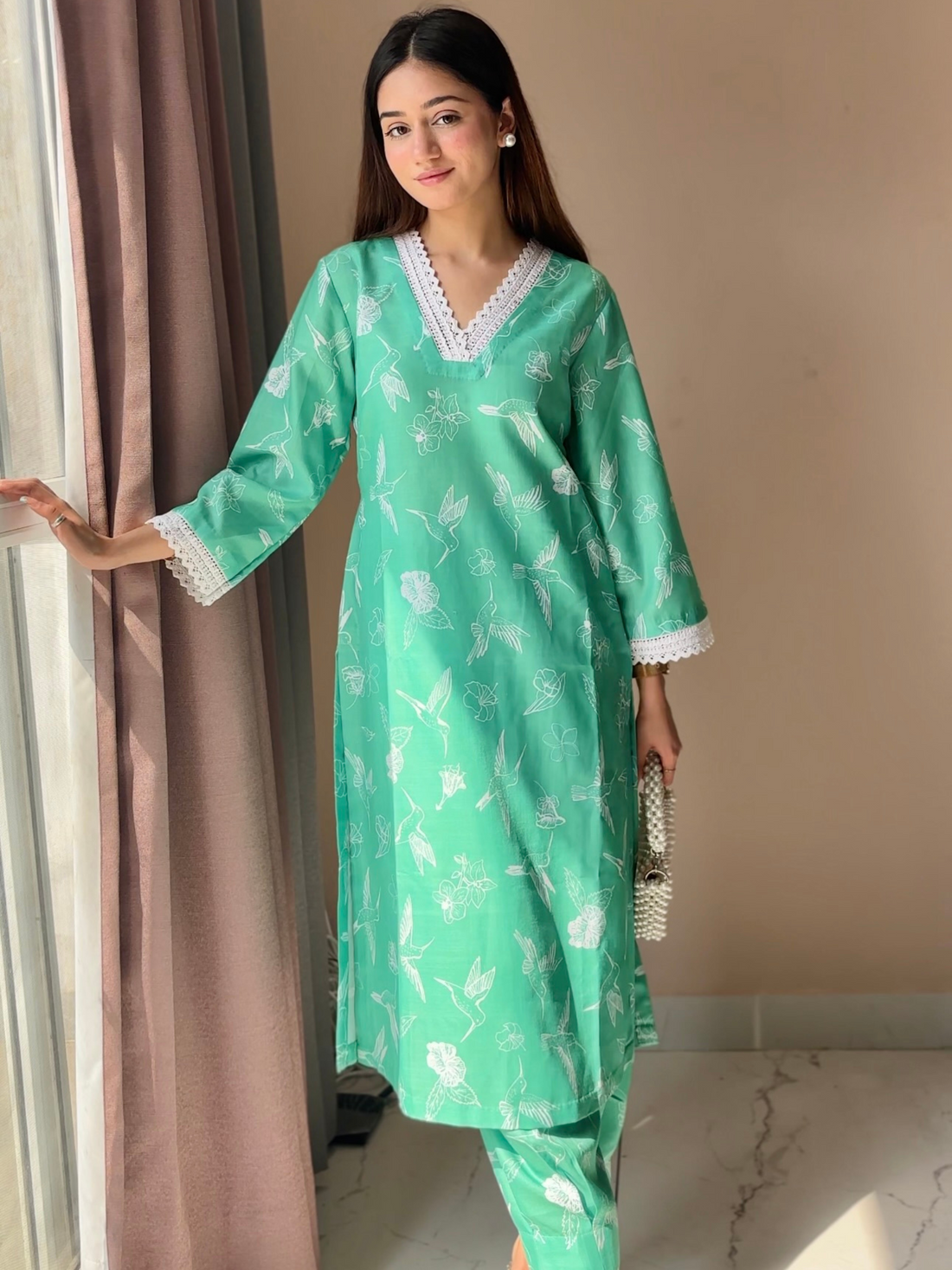 Cotton Linen Kurta Set Oia Green Bird Print