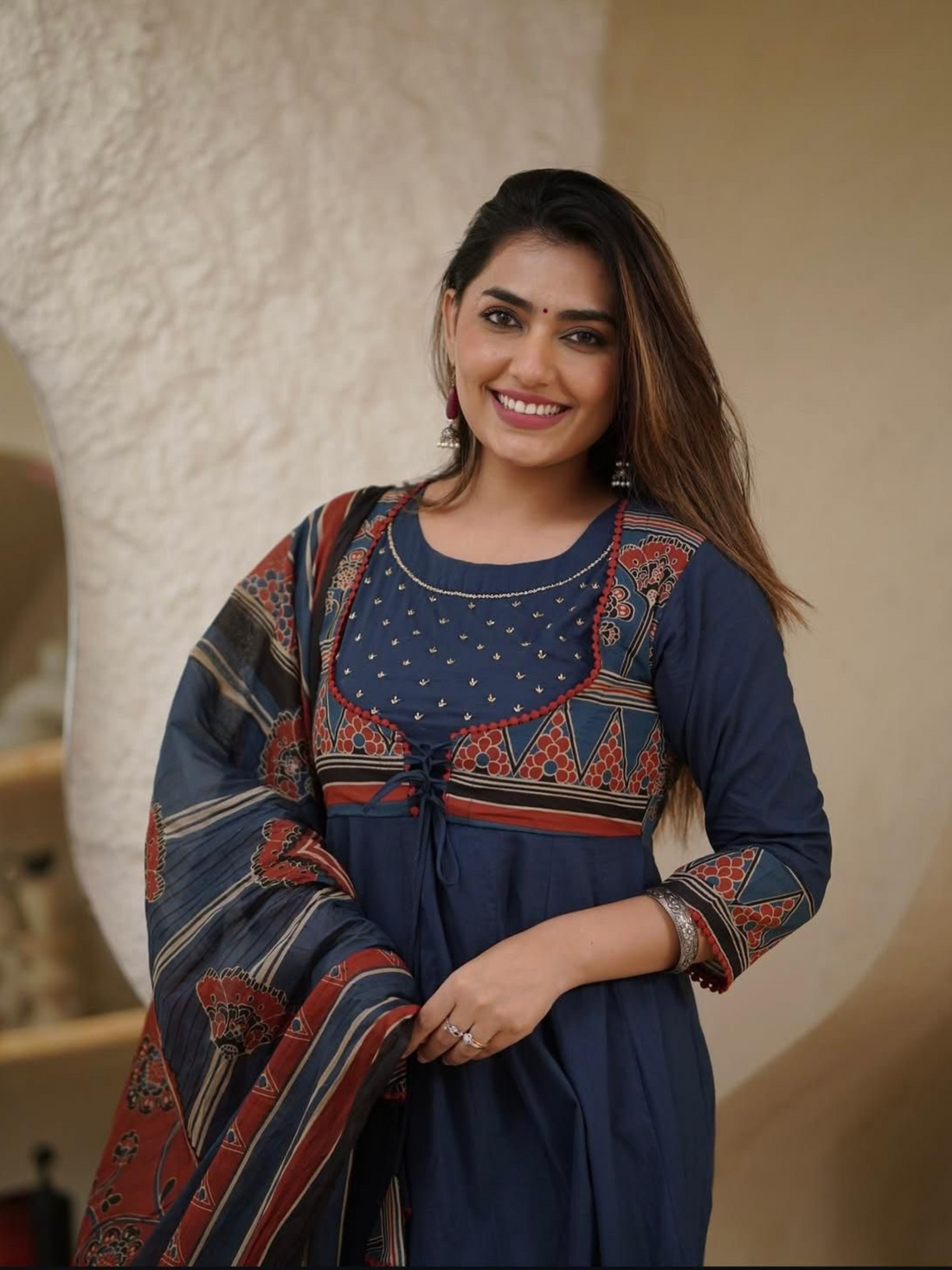Cotton A-line Kurta sets With Blue Printed