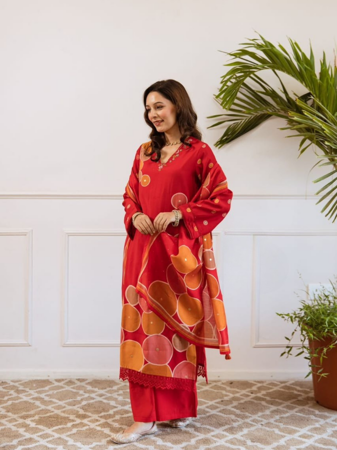 Premium Modal Silk Digital Printed with Embroidered Suit Set-Red