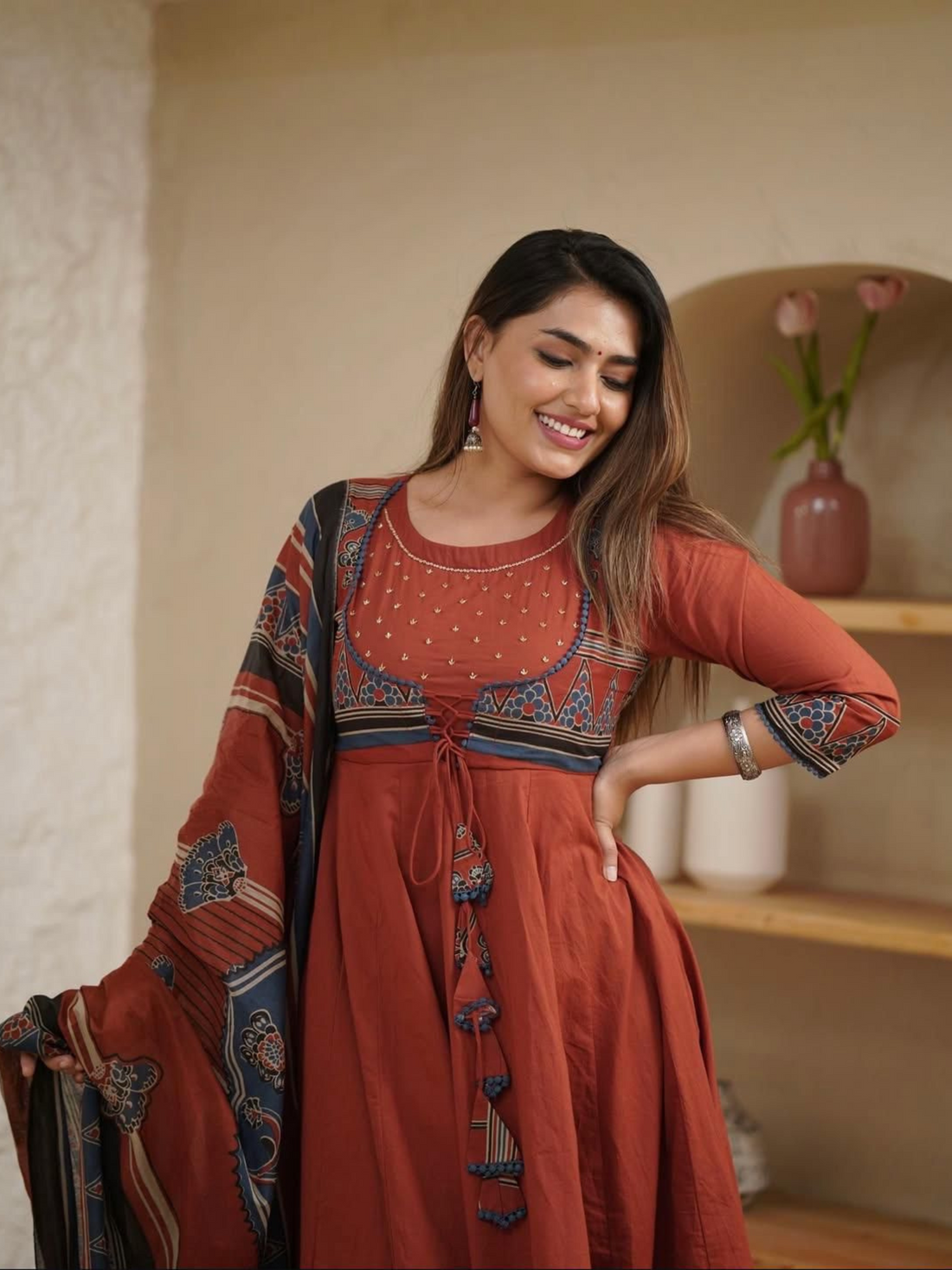 Cotton A-line Kurta sets With Maroon Printed