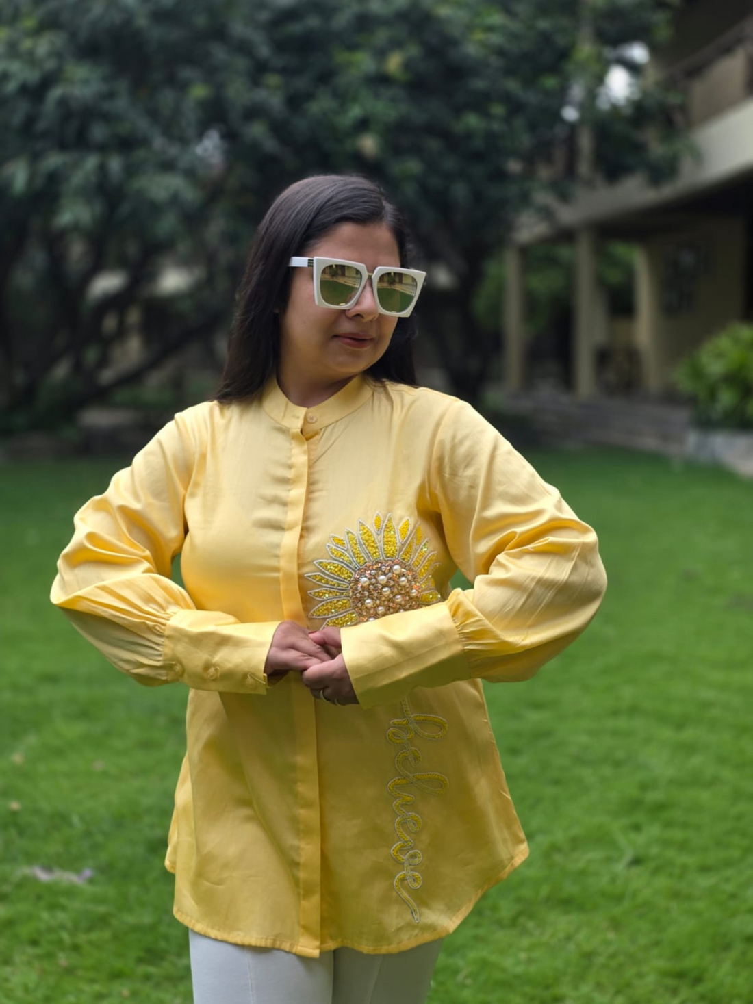 Believe In Yourself Yellow Hand Embroidered Premium Cotton Shirt