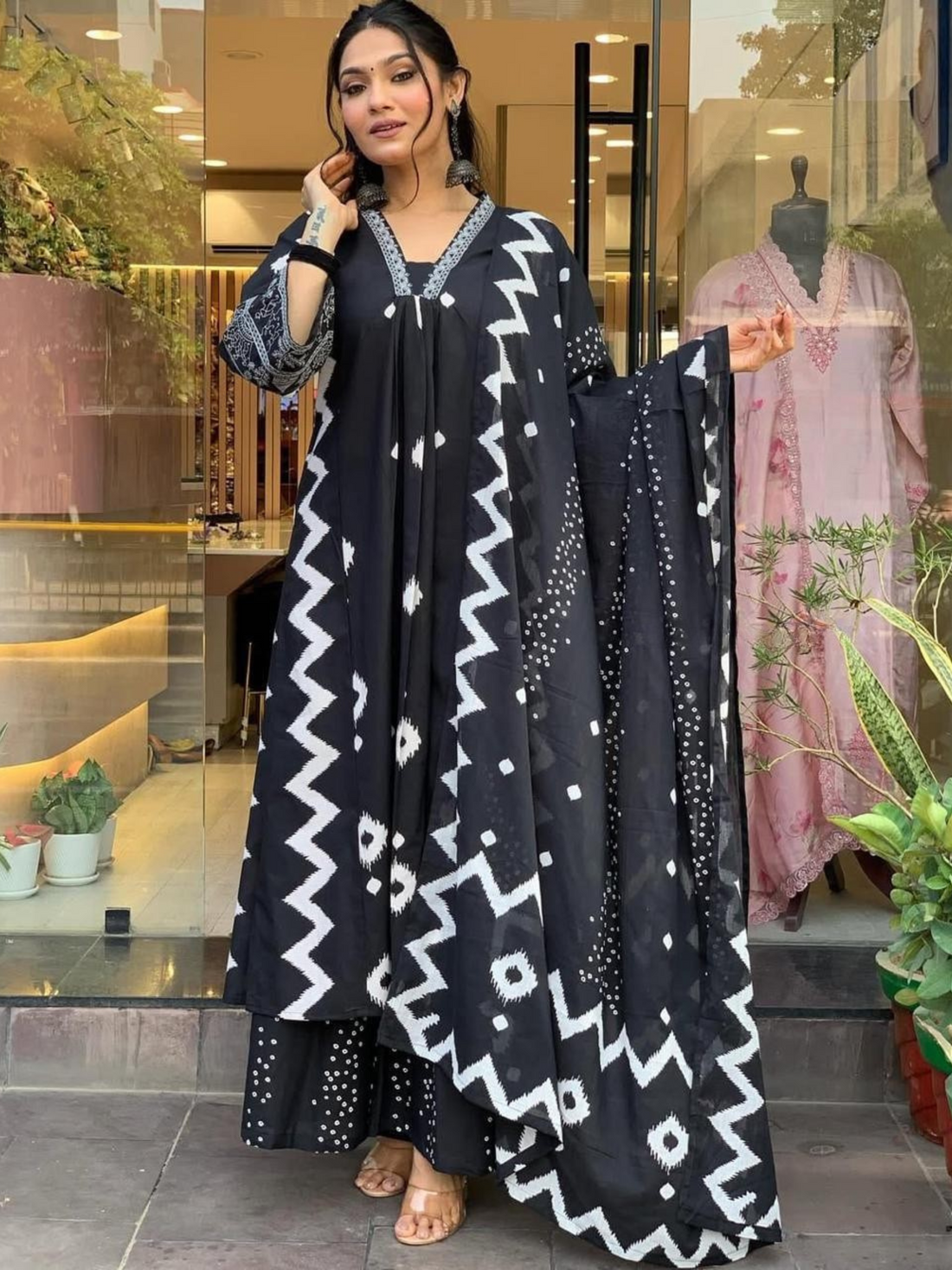 Cotton Black Printed A-line Kurti Set with Palazzo