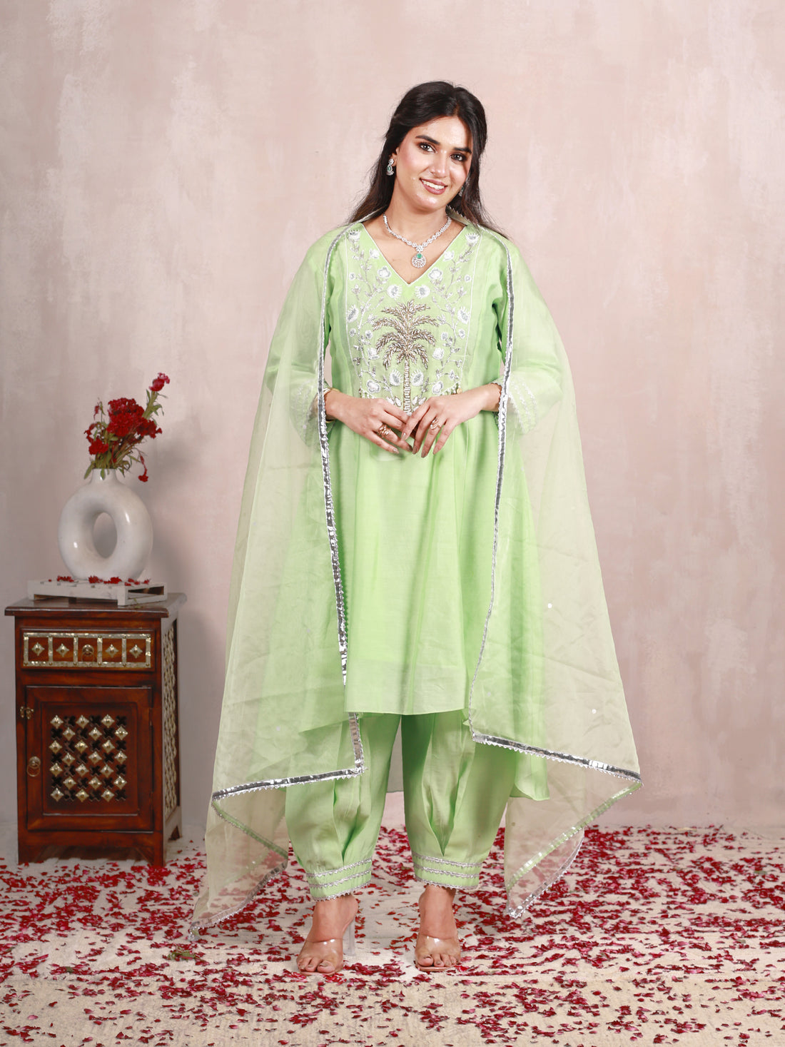 Mohita Mint Green Hand Embroidered  A line suit