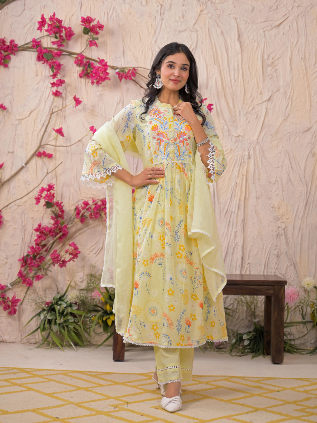 Premium Pure Cotton Digital Printed Embroidery Suits- Yellow