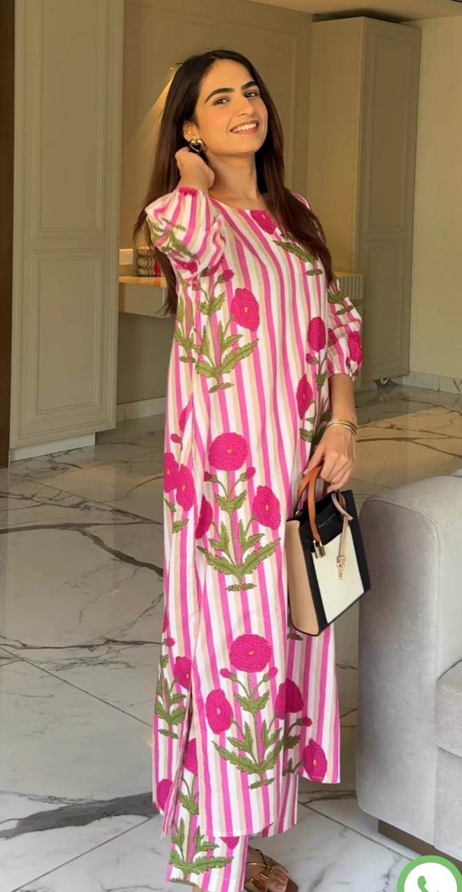 La Royale Hand Block Printed Coord Set-Pink