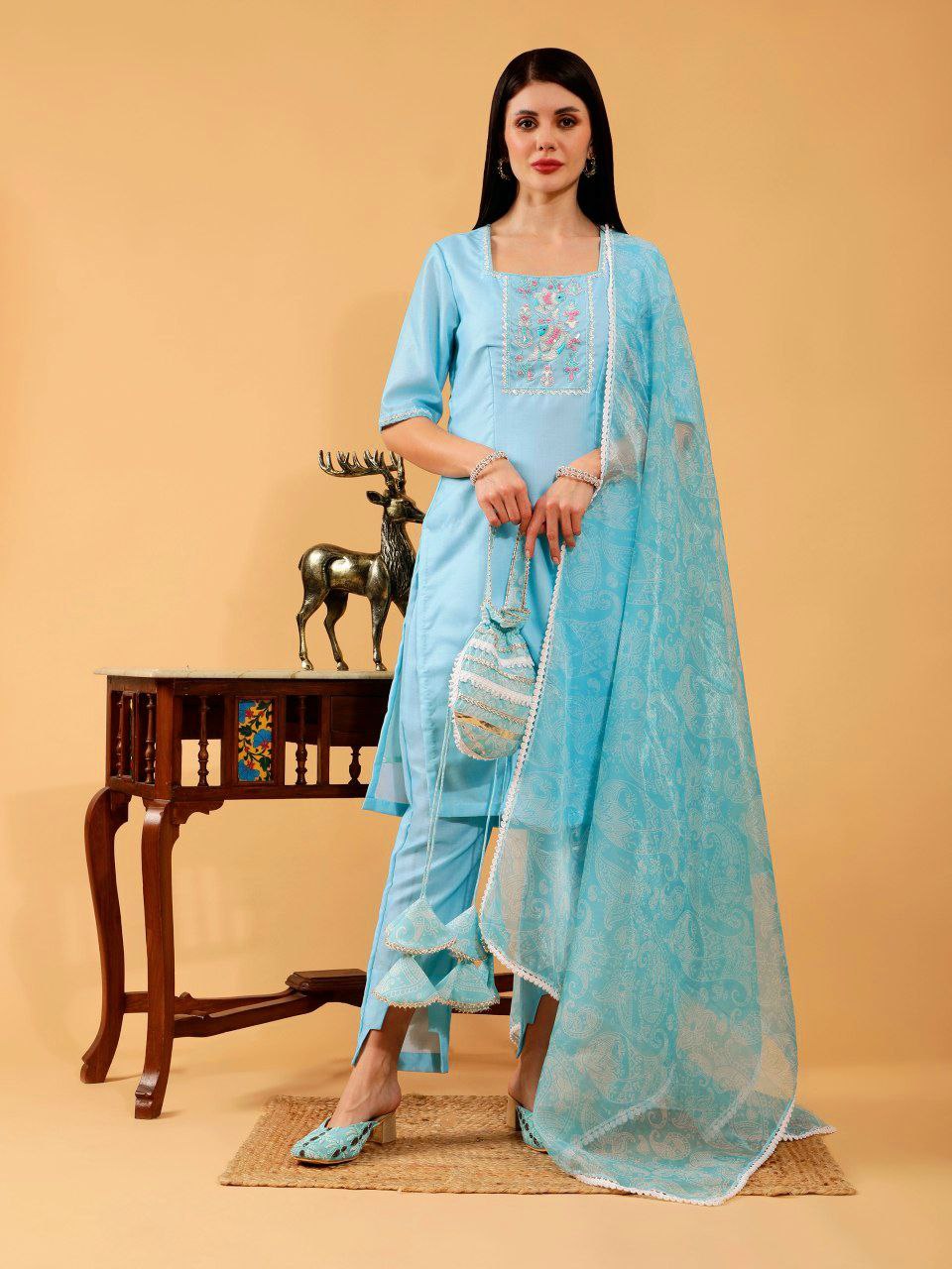 Cotton Linen 3 Pc Suit Set Cecilia Sky Blue With Hand Embroidered
