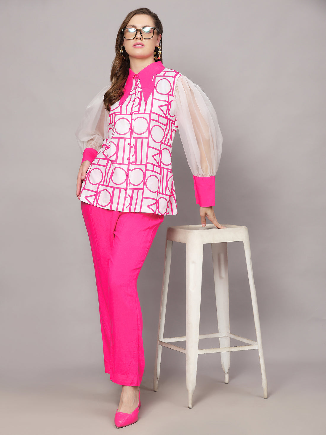 Linen Co-ord Set -Budapest White & Pink Abstract Print
