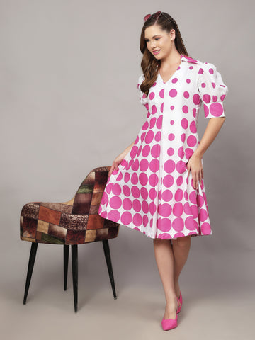 WHITE POLKA DOT PRINT A LINE DRESS WITH PUFF SLEEVES